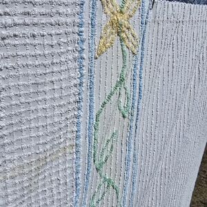 Chenille bedspread For crafts- White Textured Fabric with Embroidered Flower